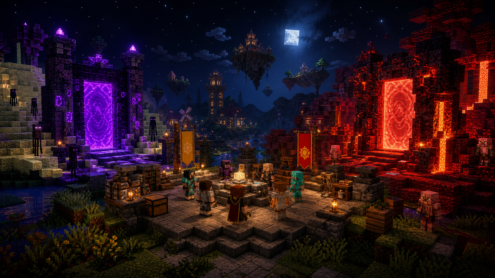 Sân sự kiện voxel với cổng Nether và cổng End phát sáng ban đêm