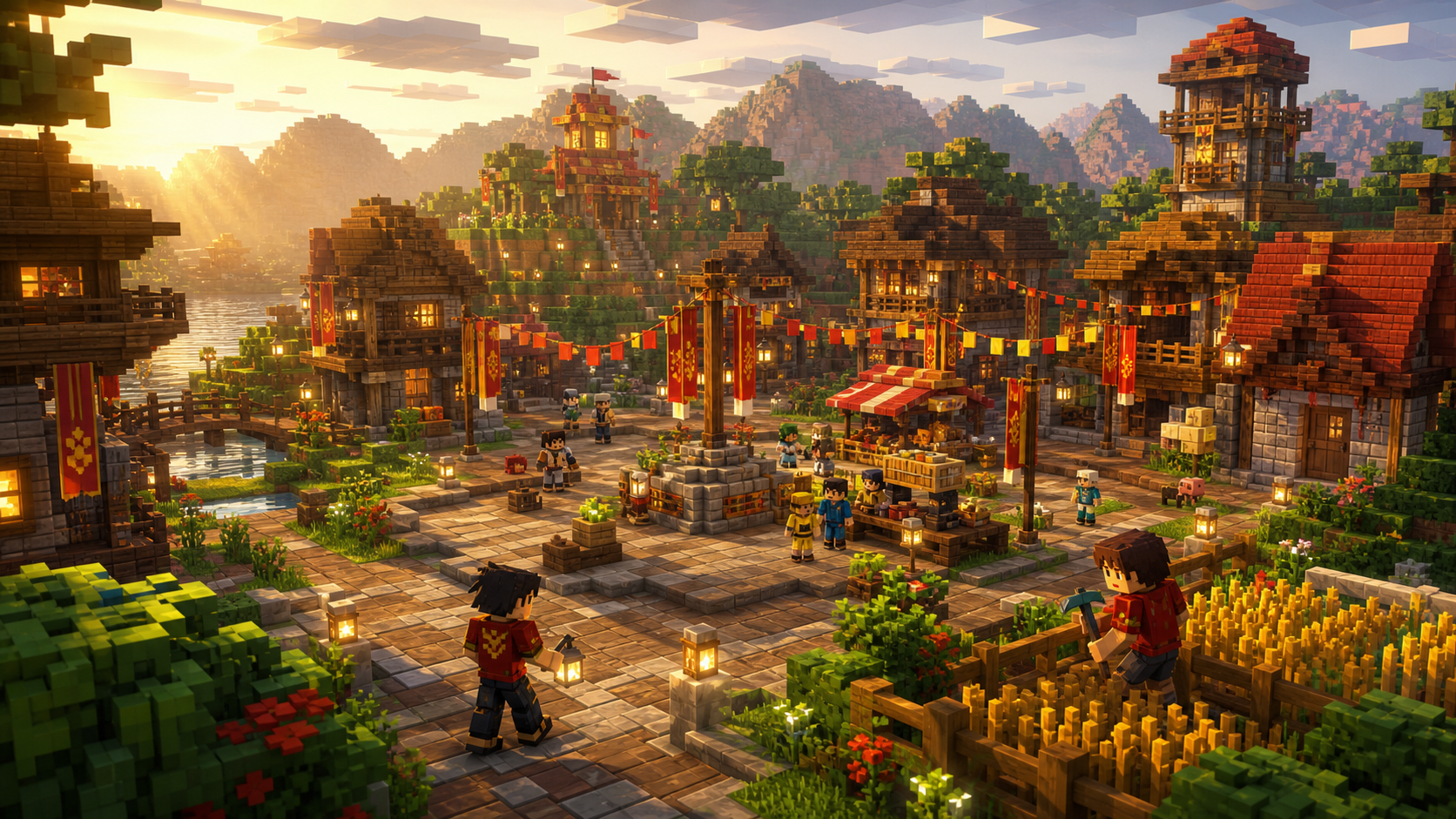 Quảng trường trung tâm phong cách voxel với nhà, chợ và cờ đỏ vàng